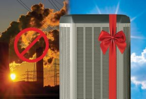 A sunset with smoke and power lines on the left, a red prohibited symbol overlaid. A large metallic unit with a red ribbon on the right, set against a blue sky with clouds.