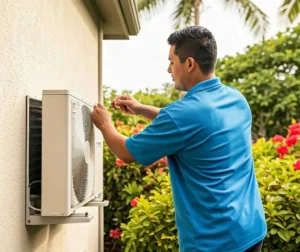Technician in a blue shirt adjusts an outdoor air conditioning unit mounted on a wall. Lush greenery and red flowers are in the background.