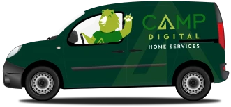 Green van with a cartoon bear waving from the driver's seat. Text on the van reads "Camp Digital Home Services.