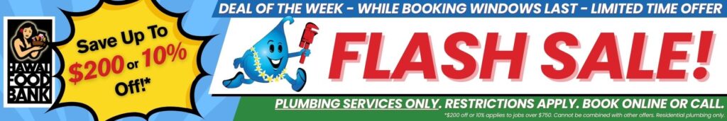 Banner advertising a flash sale on plumbing services, offering up to $200 or 10% off, with Hawaii Foodbank logo and booking details.