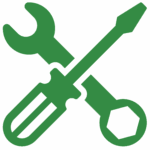 Dark green wrench and screwdriver crossed over each other on a bright green background.