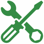 Green icon of a wrench and a screwdriver crossed over each other, symbolizing tools or maintenance.