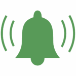 Green bell icon with lines on each side, representing a notification or alert.