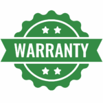 A green badge-shaped emblem with the word "WARRANTY" in bold black letters, featuring three stars above and three stars below the text.