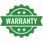 A green badge with the word "WARRANTY" in the center, surrounded by stars and a scalloped border.