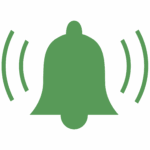 Gray bell icon with curved lines on each side indicating a notification or alert on a solid green background.