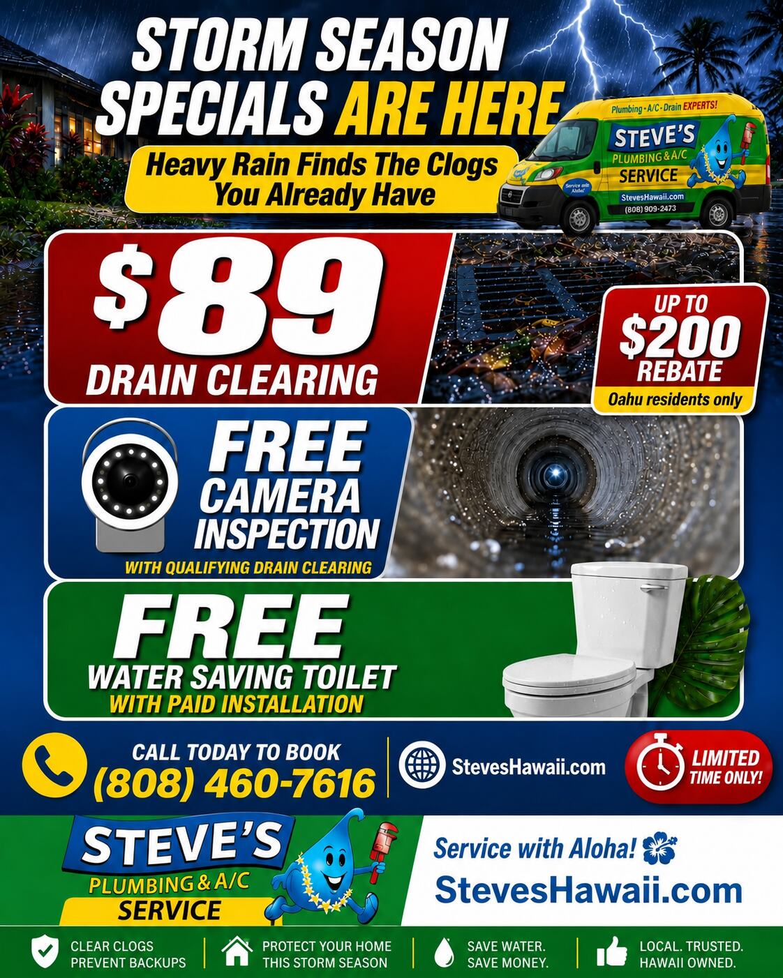 Steves Plumbing and AC Service Hawaii Free Toilet Promotion and Free Camera Inspection